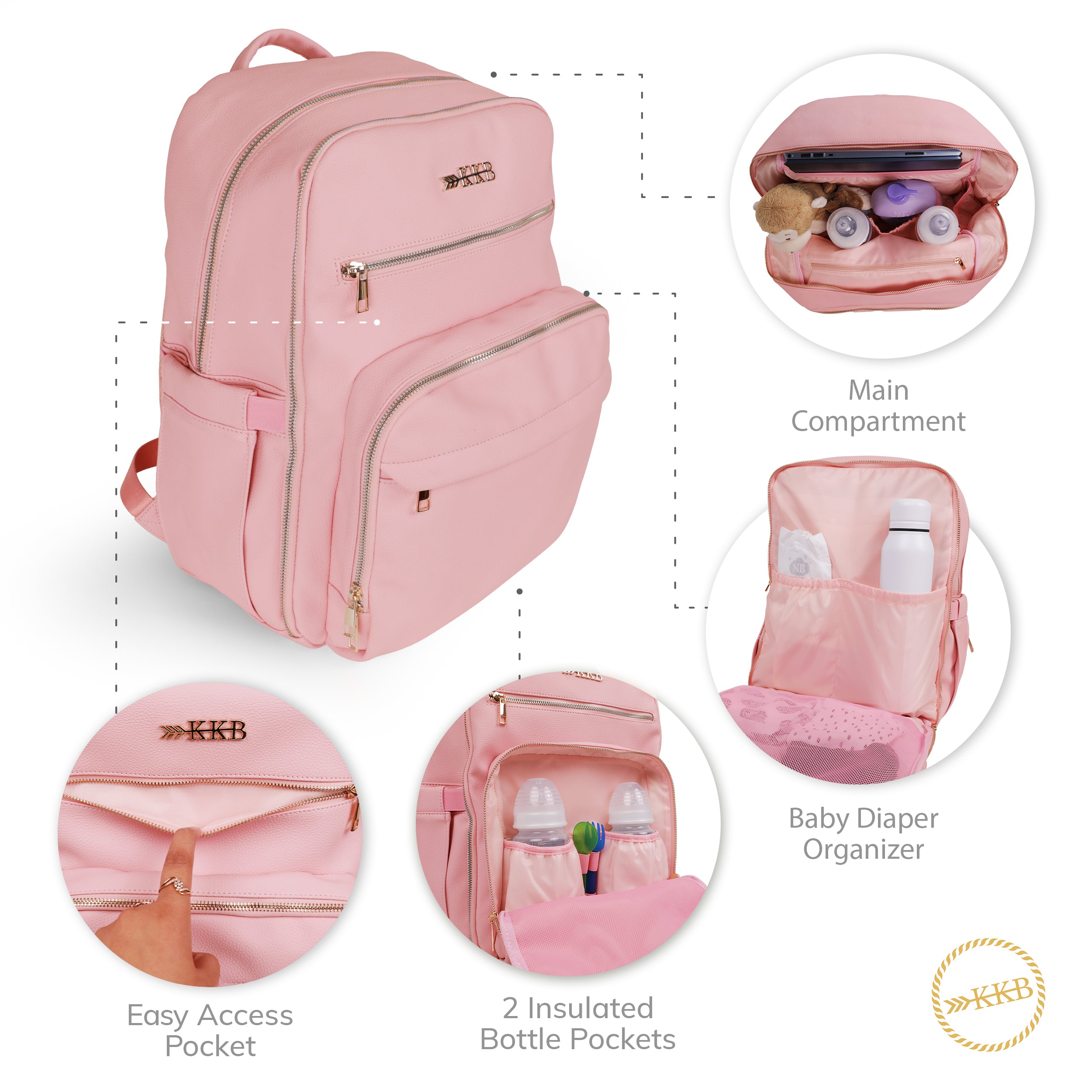 KKB Vegan Leather Diaper Bag Backpack (Blush)